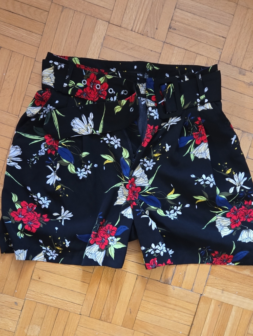 Stradivarius Black Floral Shorts with Multicolor Print
